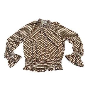 NWT Worthington Smocked Neck Patterned Bell Sleeve Blouse Women's Medium‎ Top